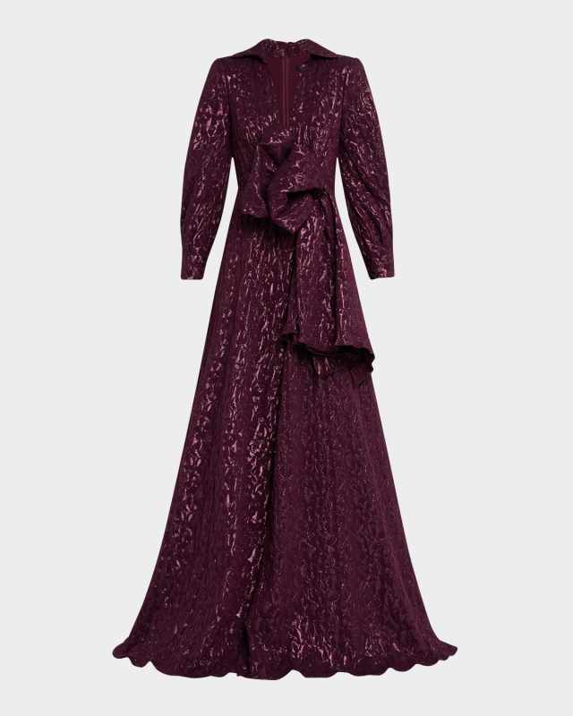 Deep V-Neck Metallic Jacquard Bow Gown